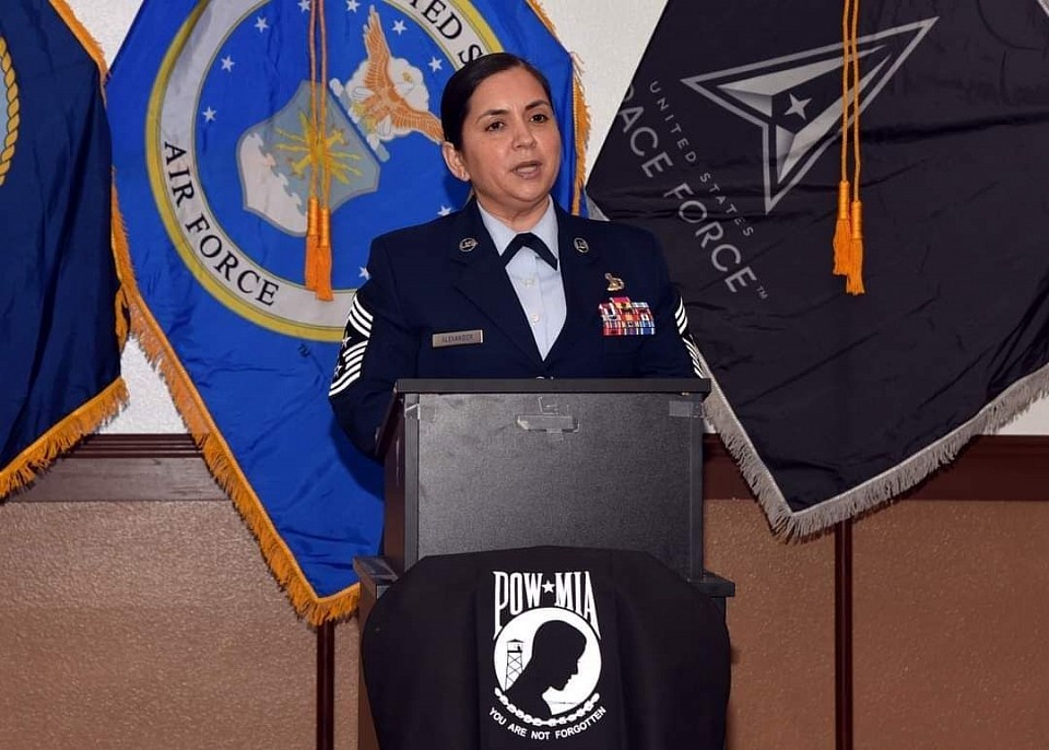 SAN ANTONIO - (Nov 11, 2024) - U.S. Air Force Chief Master Sgt Gilda Alexander, Command Chief of the 502nd Air Base Wing and Joint Basr Dan Antonio, served as the Keynote Speaker for Fred Brock American Legion Post No. 828 Veterans Day Ceremony held at The Post. (Photo bt Post Commander Burrell Parmer)